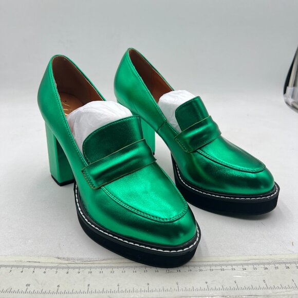 YDN Forest Green Penny Loafers Round Toe Pumps Platform Chunky Heel Shoe - Picture 4 of 8